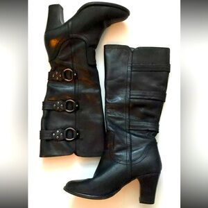 Matisse Boots Black Leather Knee High Block Heel Buckle Slip On Round Toe Sz 7M